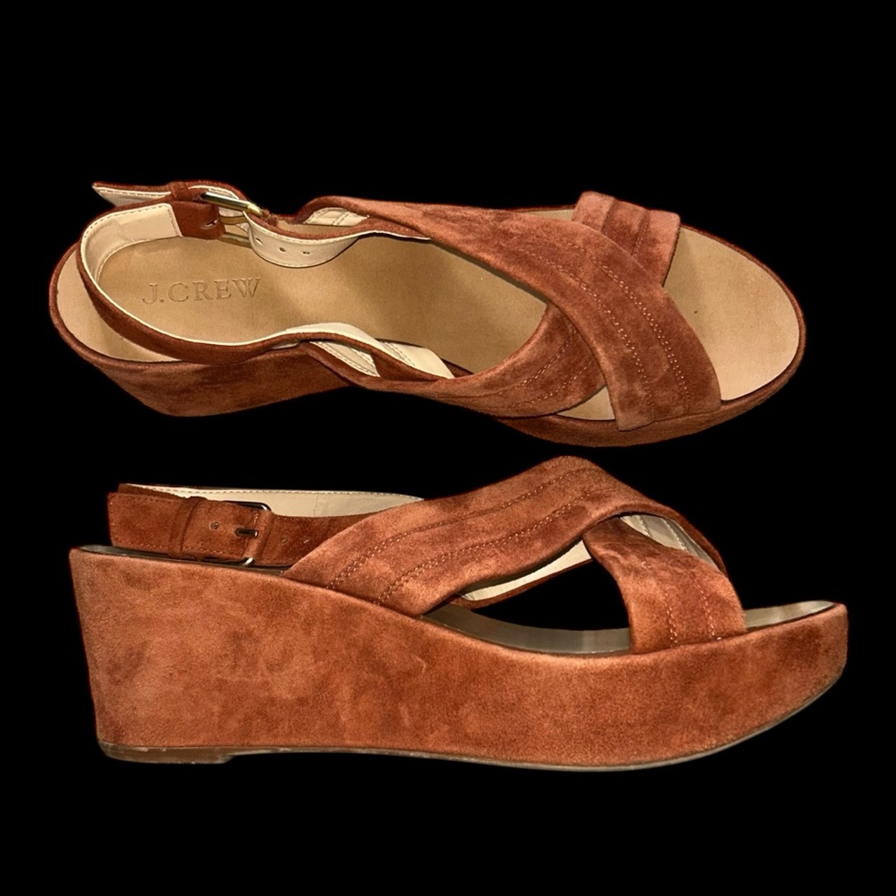 J. Crew Marcie  Rust Suede Strappy Wedge Open Toe Platform Heels Sandals Sz 9.5